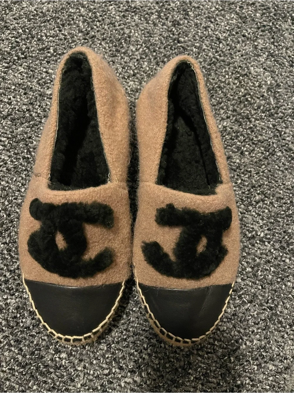 CHANEL Brown Wool Espadrille Slip-Ons with Black Logo and Toe Cap
